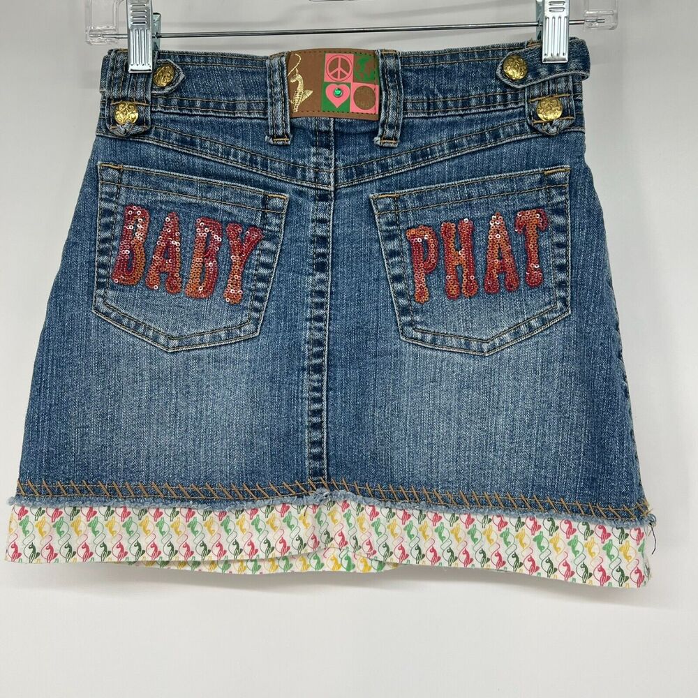 VTG Baby Phat Girlz Y2K Skirt Kids 10 Blue Denim A line Emroidered Stretch Mini